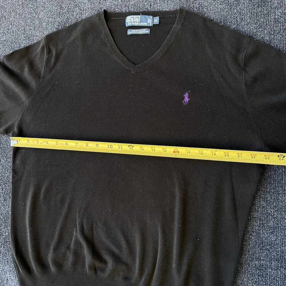 Polo Ralph Lauren Sweater Mens XL‎ Black V Neck Pima Cotton Purple Pony Logo